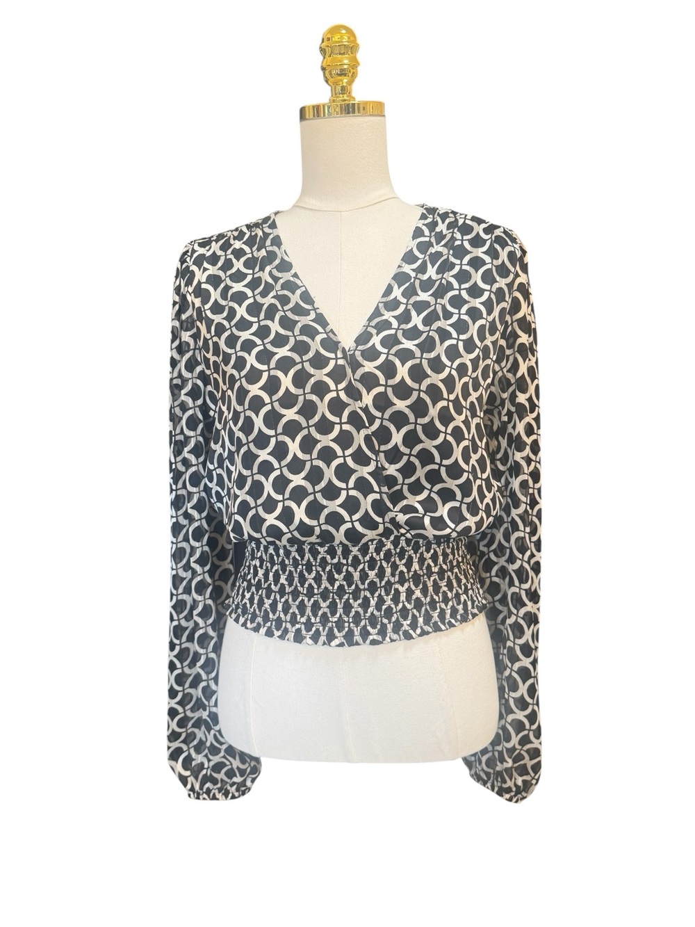 Haver London Blouse Womens Medium Black White Print Smocked Waist Peplum